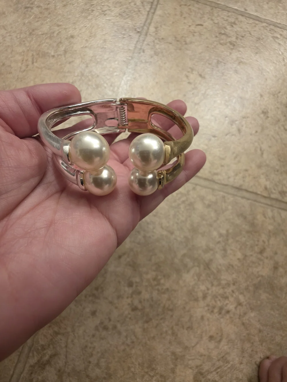 Elegant Pearl-Top Open Cuff Bracelet 2 Tone